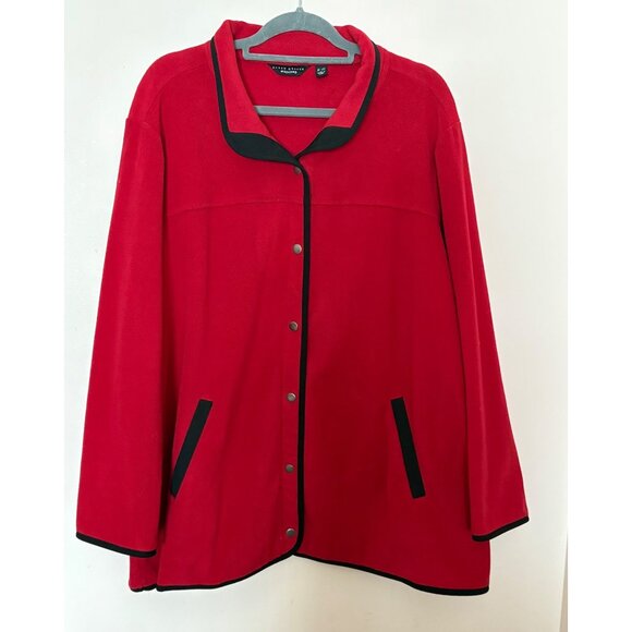 Susan Graver Weekend 3X Red Fleece Snap-Front Jacket Black Trimmed Collar Pocket - Picture 12 of 12